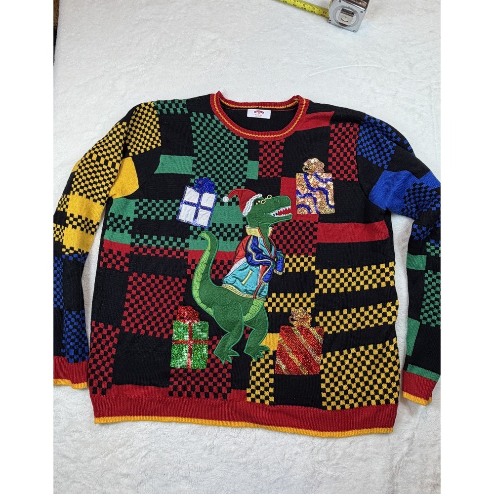 Holiday Time Mens Christmas Dinosaur Sequin Sweater Checkerboard Black 2XL